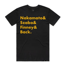 Load image into Gallery viewer, Bitcoin Patriarchs T-Shirt - Nakamoto, Szabo, Finney, & Back