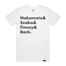 Load image into Gallery viewer, Bitcoin Patriarchs T-Shirt - Nakamoto, Szabo, Finney, & Back