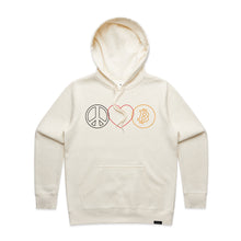 Load image into Gallery viewer, Peace, Love, & Bitcoin Hoodie Sweatshirt