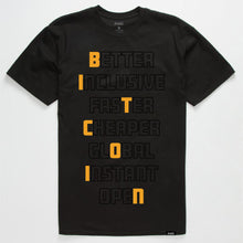Load image into Gallery viewer, Bitcoin Mallers T-Shirt - Like Jack Mallers of Strike said on the What Bitcoin Did podcast with Peter McCormack, Bitcoin is Better, Inclusive, Faster, Cheaper, Global, Instant, and Open.
