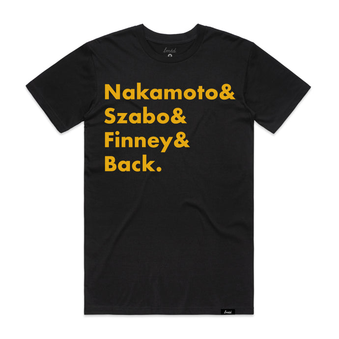 Bitcoin Patriarchs T-Shirt - Nakamoto, Szabo, Finney, & Back