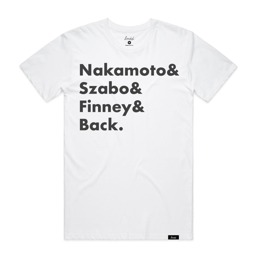 Bitcoin Patriarchs T-Shirt - Nakamoto, Szabo, Finney, & Back
