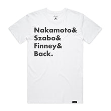 Load image into Gallery viewer, Bitcoin Patriarchs T-Shirt - Nakamoto, Szabo, Finney, &amp; Back
