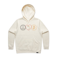 Load image into Gallery viewer, Peace, Love, &amp; Bitcoin Hoodie Sweatshirt
